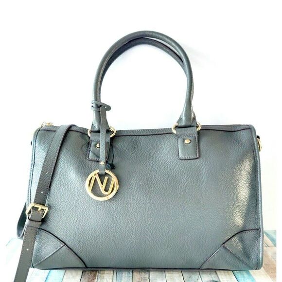 NWOT NUCIANO GRAY GENUINE LEATHER TWO WAYS SATCHEL SHOULDER BAG HANDBAG PURSE - Picture 2 of 10